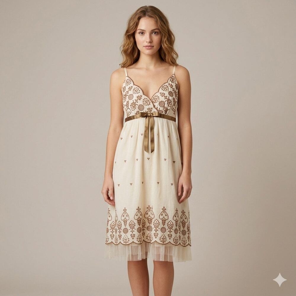 VTG Girl Talk Boho Eyelet Dress Cream Brown Embroidery Tulle Hem Coquette Large